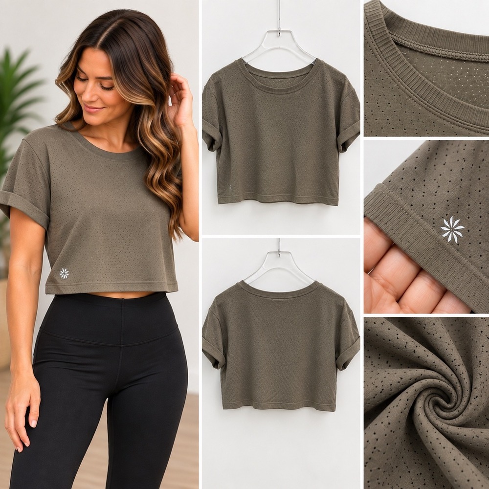 Athleta Zephyr Seamless Short Sleeve Crop Top Olive Taupe Activewear Tee